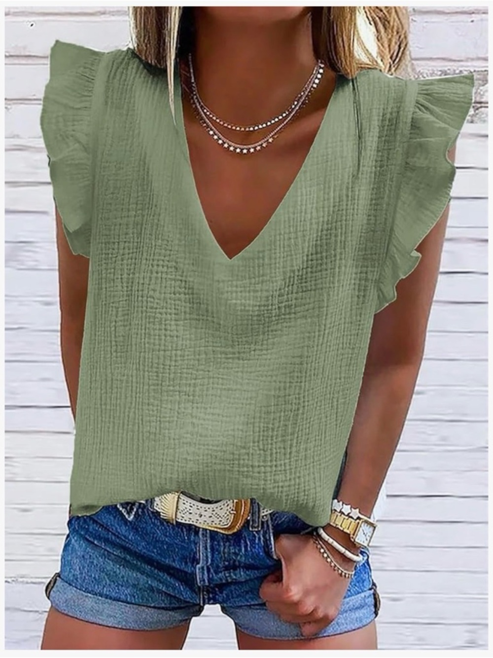 Women's Olive Green V-Neck Ruffle Sleeve Top